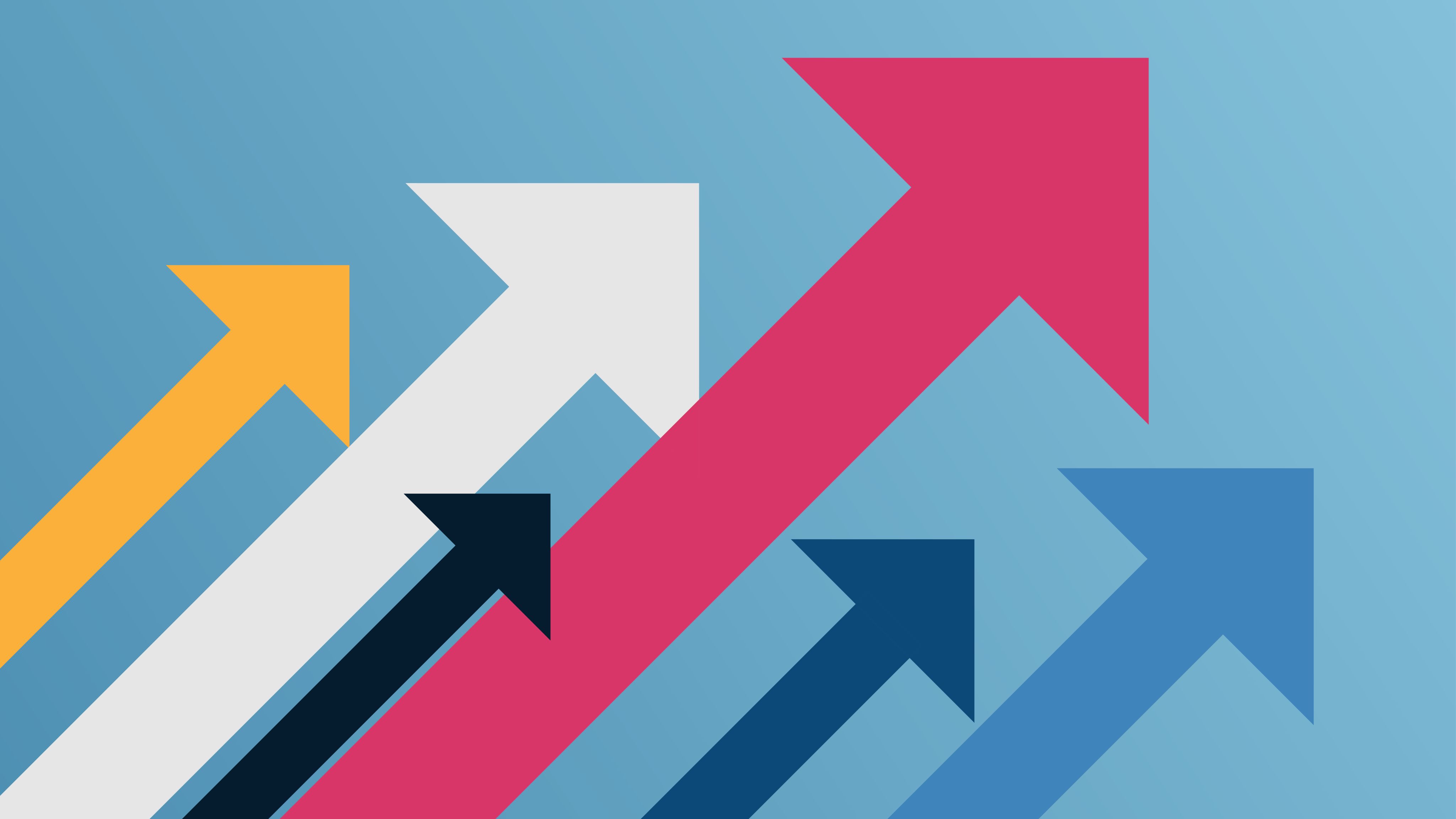 Illustration showing colourful arrows on a light blue background. The arrows are all pointing in the same direction (top right of the image) 