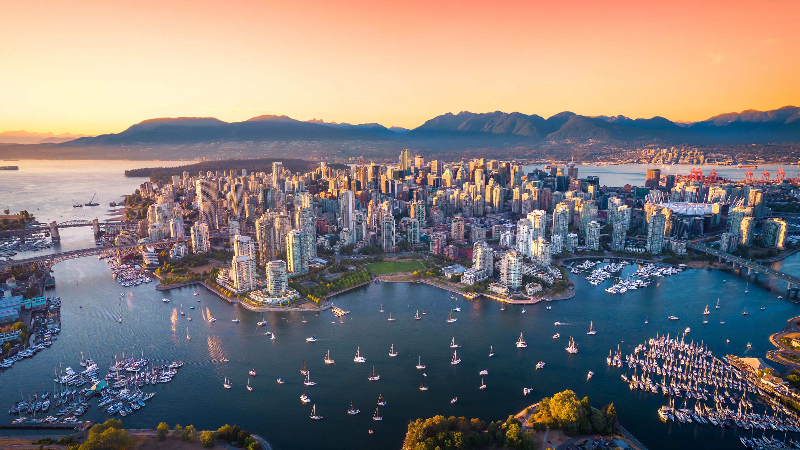 Aerial view of downtown Vancouver skyline, British Columbia, Canada at sunset