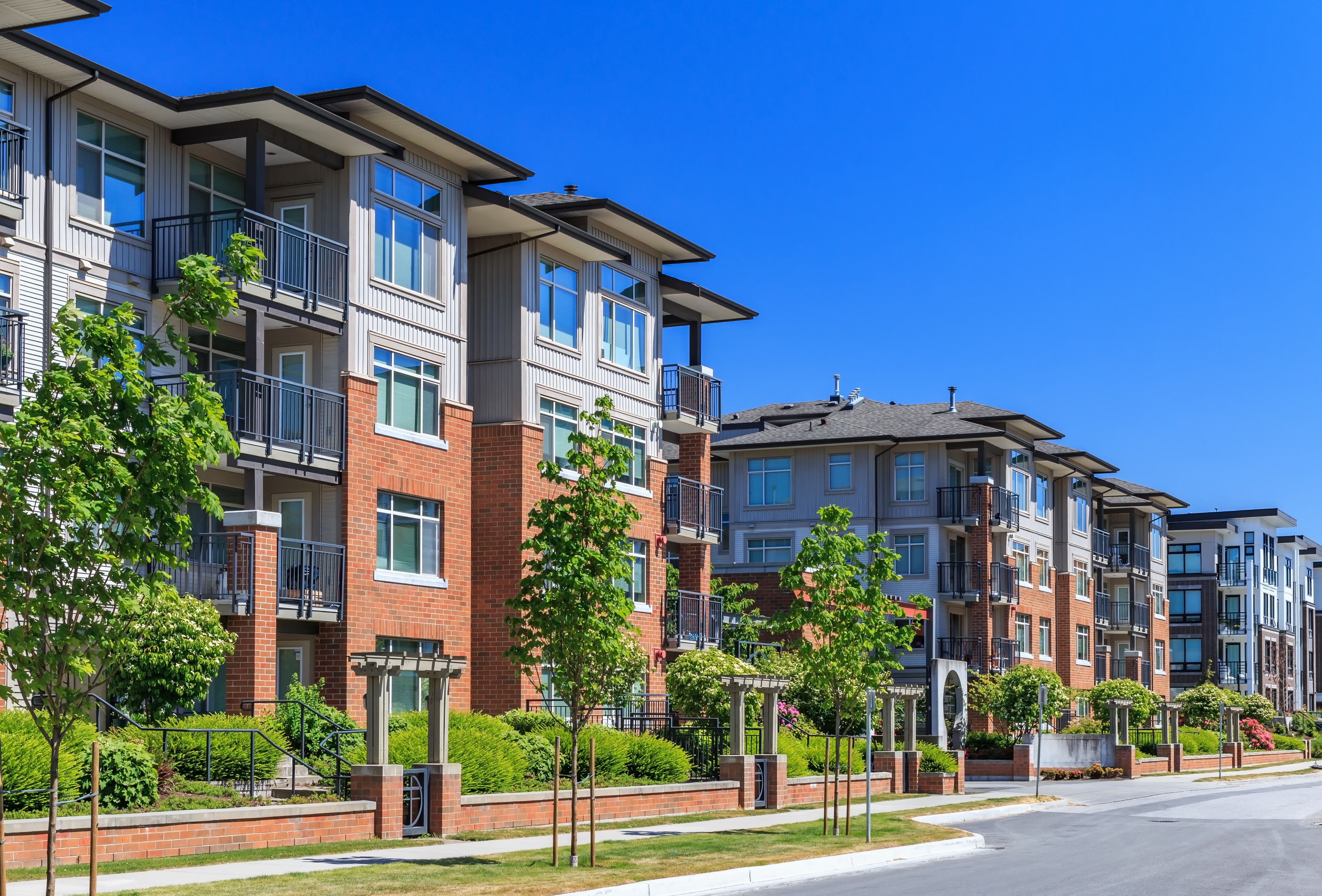 Modern apartment buildings in Richmond, British Columbia, Canada on a sunny day