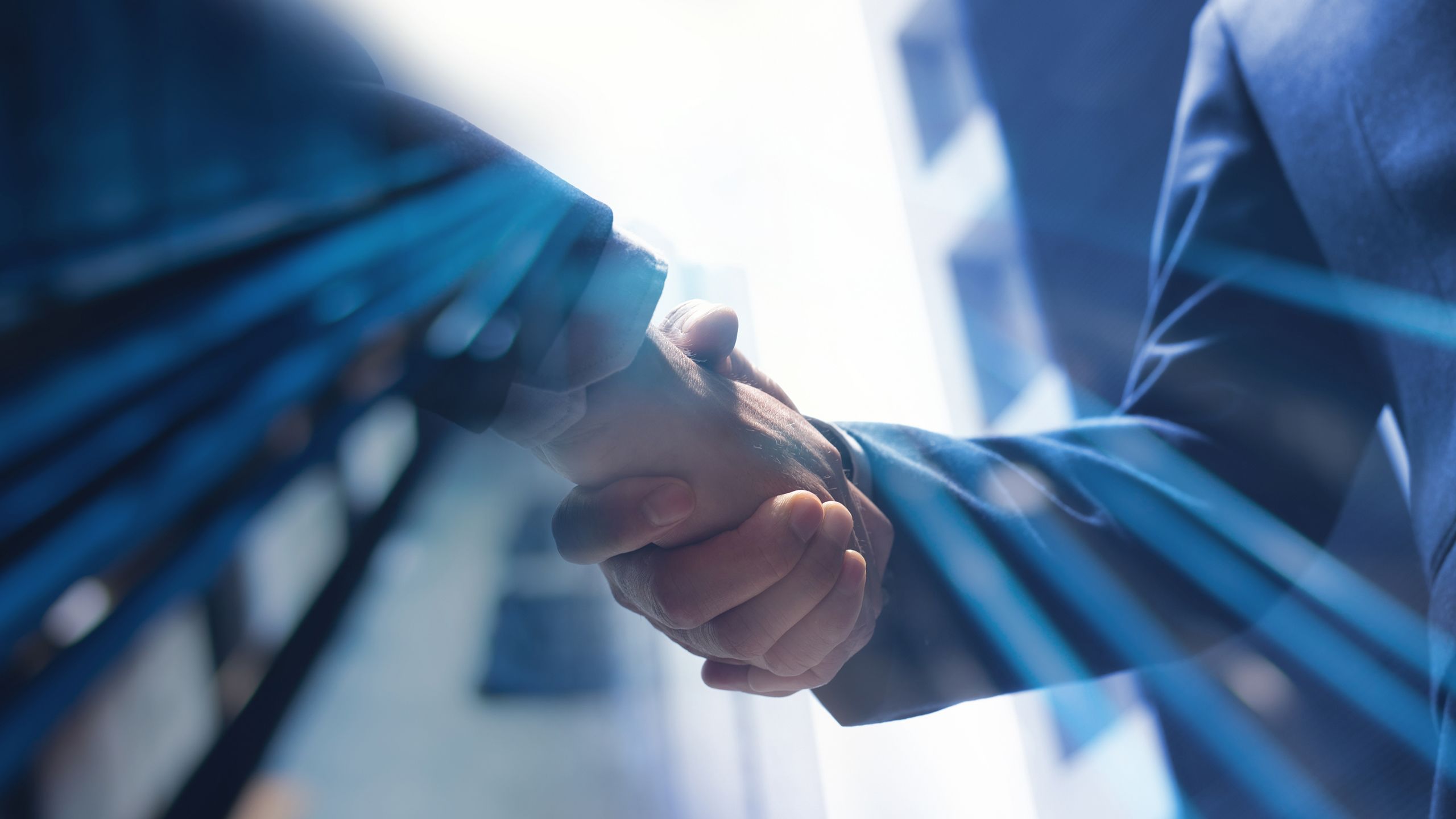 Image of two hands meeting in handshake. The clothing we can see suggests the people are dressed smartly