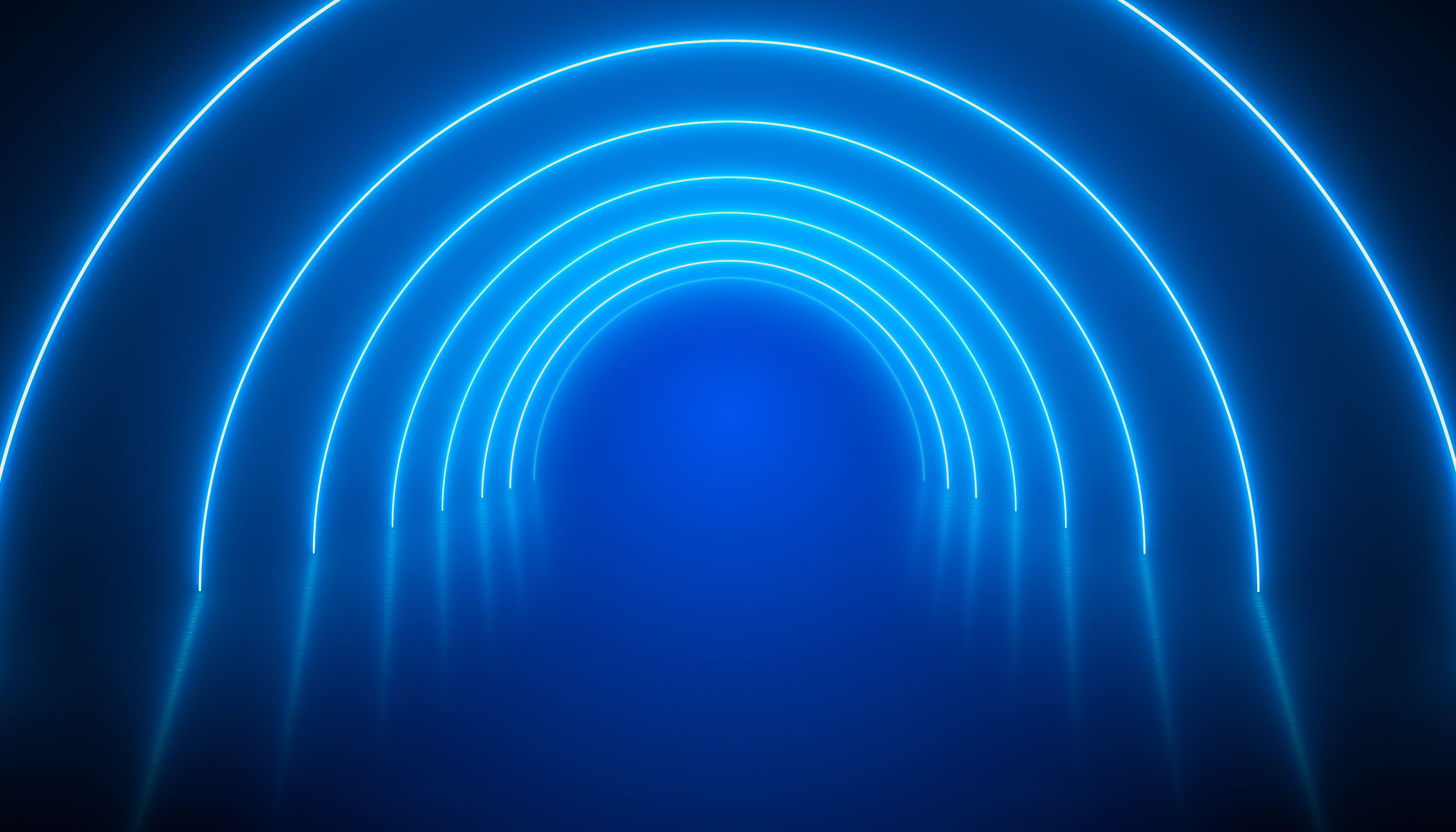 Illustation of glowing neon tunnel in blue on reflecting floor